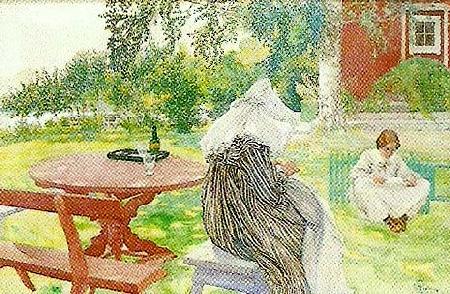 Carl Larsson sommardag karin och brita i tradgarden-sommartid oil painting image